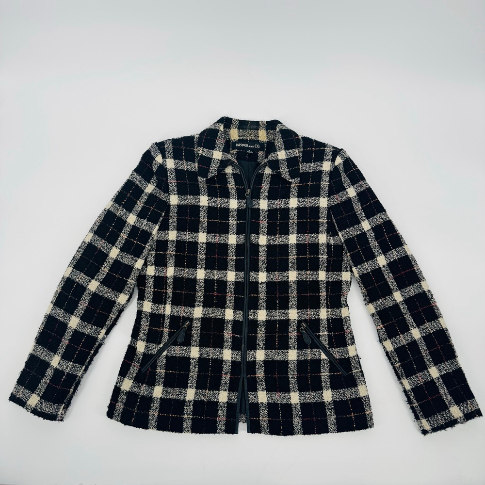 VTG Kasper Plaid Blazer Jacket S Black White Faux Leather Trim